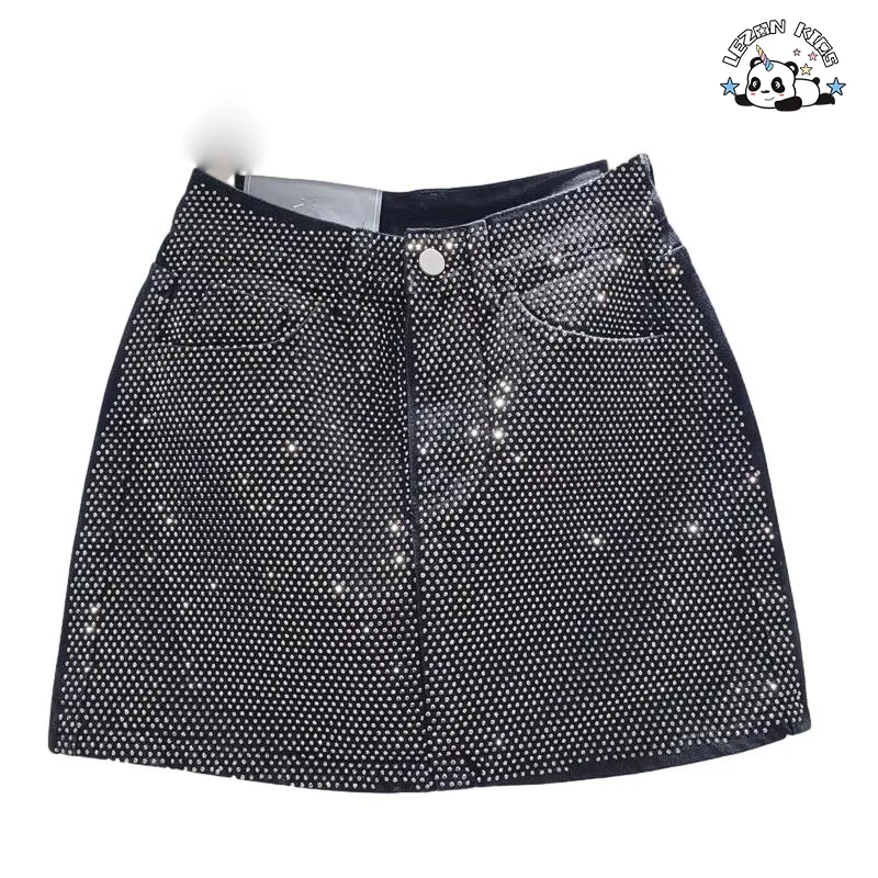 LEZONKIDS - Saia jeans personalizada com novos cristais pesados, estilo A-line, cintura alta e curta para meninas